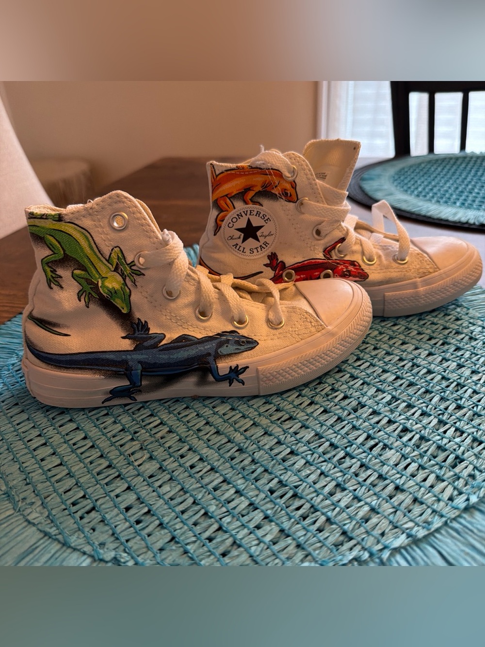 Converse White High Top Sneakers with Multicolor Lizard Motifs
